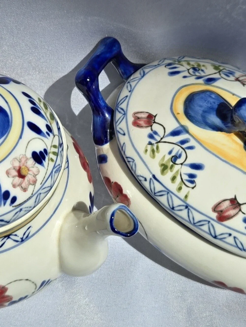 Vintage Hand-Painted Floral Porcelain Teapot & Covered Dish Set Unmarked